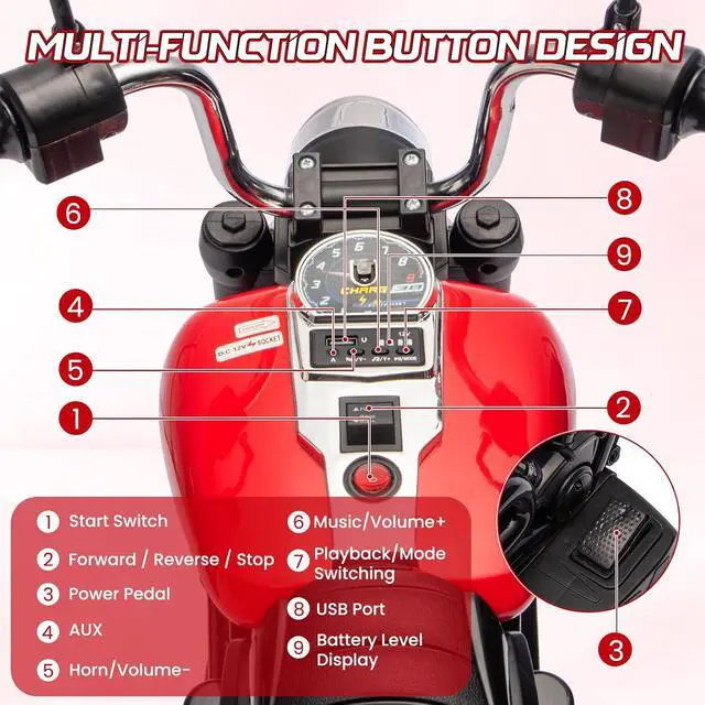 Alt view image 6 of 7 - 12V Electric Motorcycle for Kids, 3-Wheel Ride On Toy w/Detachable Training Wheels, Soft Start, Reverse, Headlight, Horn & Music, Battery Powered Kids Motorcycle for Toddler Boy Girl Ages 3-5, Red