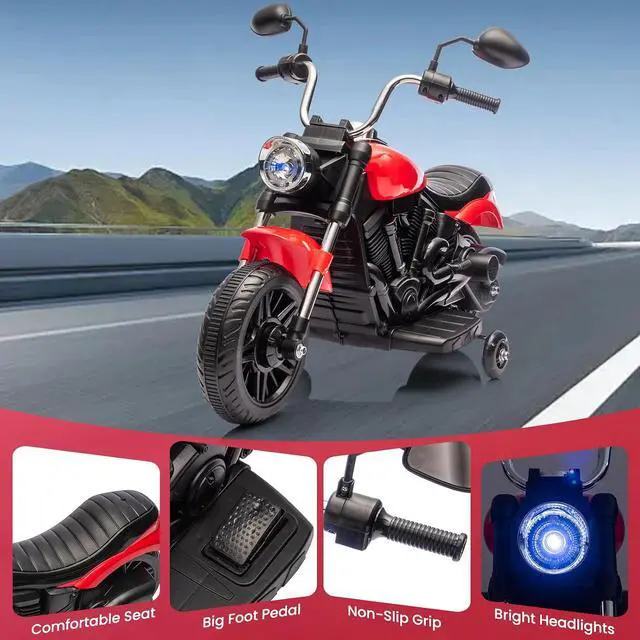 Alt view image 7 of 7 - 12V Electric Motorcycle for Kids, 3-Wheel Ride On Toy w/Detachable Training Wheels, Soft Start, Reverse, Headlight, Horn & Music, Battery Powered Kids Motorcycle for Toddler Boy Girl Ages 3-5, Red