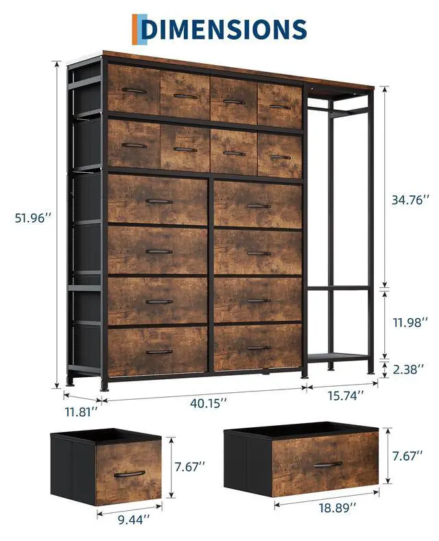 Alt view image 3 of 7 - Patikuin Clothes Rack with 16 Fabric Drawers & 2 Storage Shelves, Freestanding Closet Organizer for Hanging Clothes, Heavy Duty Garment Rack, Wardrobe Closet Clothing Rack