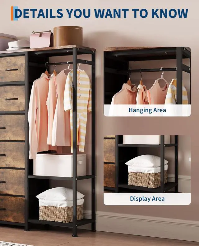 Alt view image 6 of 7 - Patikuin Clothes Rack with 16 Fabric Drawers & 2 Storage Shelves, Freestanding Closet Organizer for Hanging Clothes, Heavy Duty Garment Rack, Wardrobe Closet Clothing Rack