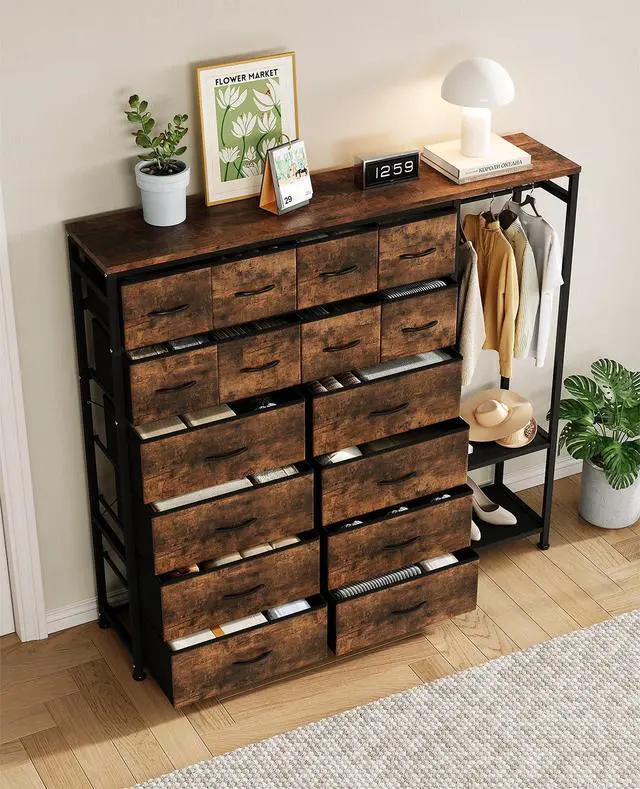 Alt view image 5 of 7 - Patikuin Clothes Rack with 16 Fabric Drawers & 2 Storage Shelves, Freestanding Closet Organizer for Hanging Clothes, Heavy Duty Garment Rack, Wardrobe Closet Clothing Rack