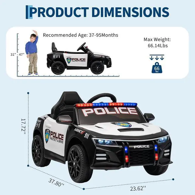 Alt view image 2 of 7 - 12V Police Car Ride On Car for Kids, Ride on Toy with Remote Control, Emergency Alert Tones, Megaphone, Flashing Lights, Music, Spring Suspension