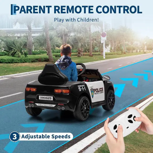 Alt view image 3 of 7 - 12V Police Car Ride On Car for Kids, Ride on Toy with Remote Control, Emergency Alert Tones, Megaphone, Flashing Lights, Music, Spring Suspension
