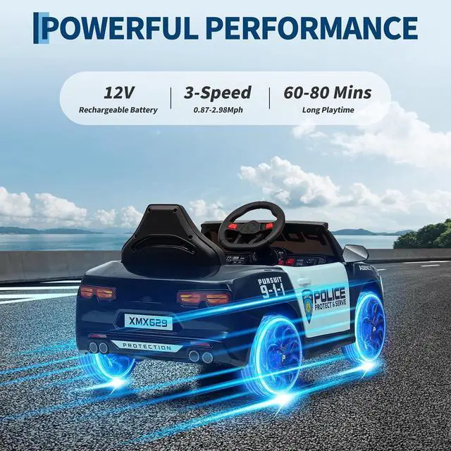 Alt view image 4 of 7 - 12V Police Car Ride On Car for Kids, Ride on Toy with Remote Control, Emergency Alert Tones, Megaphone, Flashing Lights, Music, Spring Suspension
