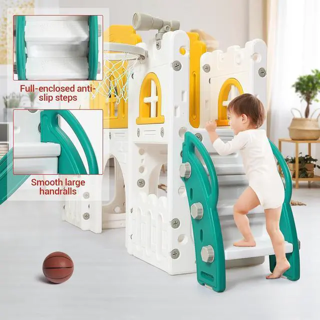 Alt view image 3 of 7 - 8 in 1 Toddler Slide Set with Basketball Hoop - Indoor & Outdoor Playground Set for Kids - Toddler Climbing PlaySet for Indoor