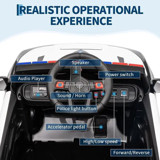 Alt view image 7 of 7 - 12V Police Car Ride On Car for Kids, Ride on Toy with Remote Control, Emergency Alert Tones, Megaphone, Flashing Lights, Music, Spring Suspension