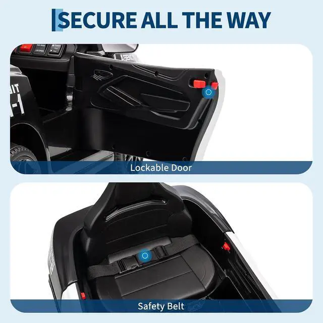 Alt view image 6 of 7 - 12V Police Car Ride On Car for Kids, Ride on Toy with Remote Control, Emergency Alert Tones, Megaphone, Flashing Lights, Music, Spring Suspension
