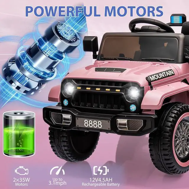 Alt view image 2 of 6 - 12V Kids Ride on Truck Car, w/Parent Remote Control, Twin 35w Motors, 3 Speeds, LED Lights, Music & Horn, Spring Suspension, Kids Electric Vehicles Toy for 3-5 Years Old Boys Girls Gift, Light Pink