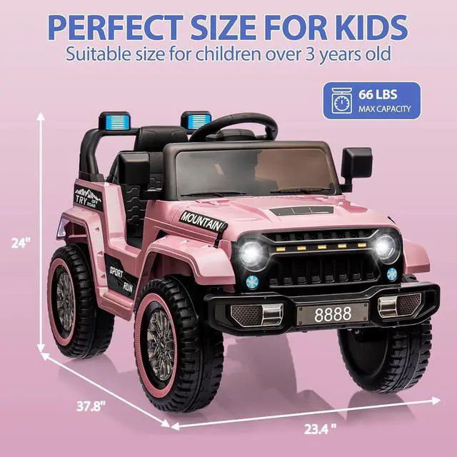 Alt view image 4 of 6 - 12V Kids Ride on Truck Car, w/Parent Remote Control, Twin 35w Motors, 3 Speeds, LED Lights, Music & Horn, Spring Suspension, Kids Electric Vehicles Toy for 3-5 Years Old Boys Girls Gift, Light Pink