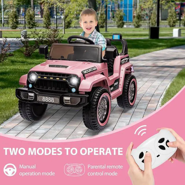 Alt view image 3 of 6 - 12V Kids Ride on Truck Car, w/Parent Remote Control, Twin 35w Motors, 3 Speeds, LED Lights, Music & Horn, Spring Suspension, Kids Electric Vehicles Toy for 3-5 Years Old Boys Girls Gift, Light Pink