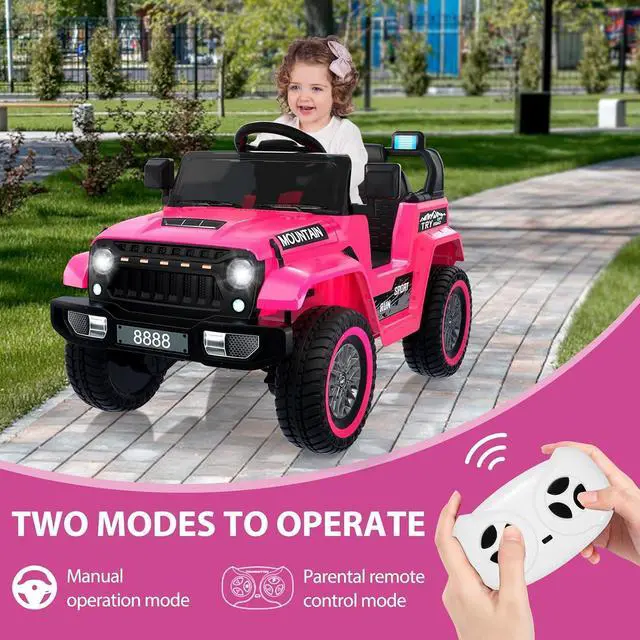Alt view image 2 of 7 - 12V Kids Ride-on Truck with Remote Control All-Terrain Electric Vehicle with Spring Suspension, LED Lights, Music Player & Dump Bed, Safe 2-in-1 Driving Mode for Boys Girls, Pink
