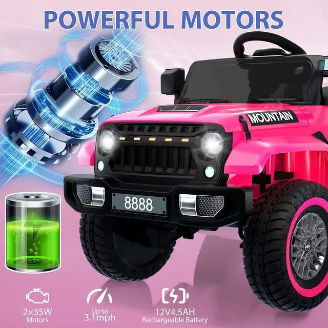 Alt view image 3 of 7 - 12V Kids Ride-on Truck with Remote Control All-Terrain Electric Vehicle with Spring Suspension, LED Lights, Music Player & Dump Bed, Safe 2-in-1 Driving Mode for Boys Girls, Pink