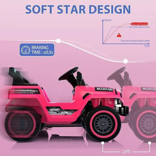 Alt view image 6 of 7 - 12V Kids Ride-on Truck with Remote Control All-Terrain Electric Vehicle with Spring Suspension, LED Lights, Music Player & Dump Bed, Safe 2-in-1 Driving Mode for Boys Girls, Pink