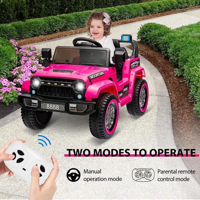 Alt view image 4 of 7 - 12V Kids Ride-on Truck with Remote Control All-Terrain Electric Vehicle with Spring Suspension, LED Lights, Music Player & Dump Bed, Safe 2-in-1 Driving Mode for Boys Girls, Pink