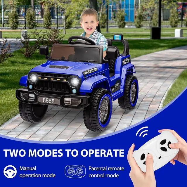 Alt view image 2 of 7 - 12V Kids Ride-on Truck with Remote Control All-Terrain Electric Vehicle with Spring Suspension, LED Lights, Music Player & Dump Bed, Safe 2-in-1 Driving Mode for Boys Girls, Dark Blue