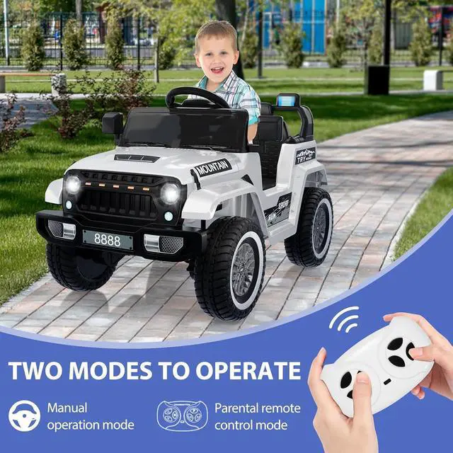 Alt view image 2 of 7 - 12V Kids Ride-on Truck with Remote Control All-Terrain Electric Vehicle with Spring Suspension, LED Lights, Music Player & Dump Bed, Safe 2-in-1 Driving Mode for Boys Girls, White