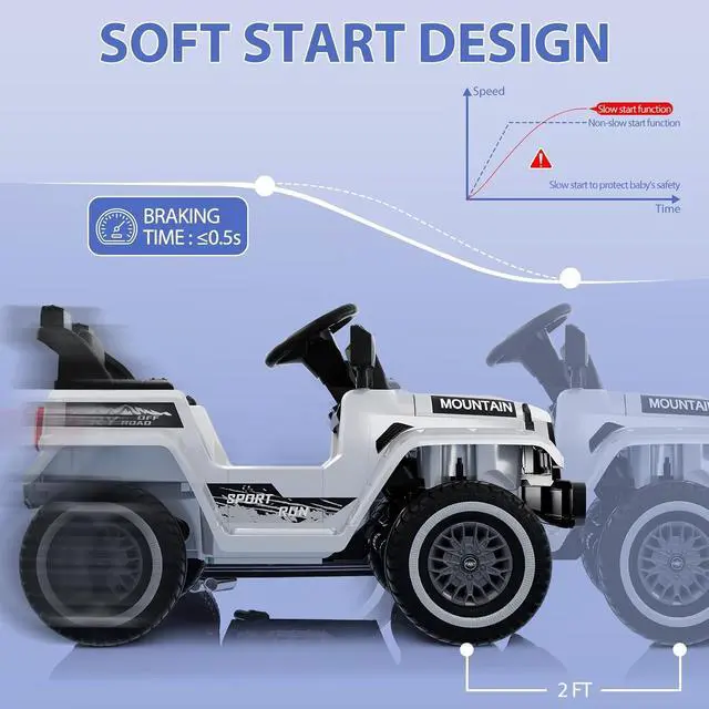 Alt view image 6 of 7 - 12V Kids Ride-on Truck with Remote Control All-Terrain Electric Vehicle with Spring Suspension, LED Lights, Music Player & Dump Bed, Safe 2-in-1 Driving Mode for Boys Girls, White