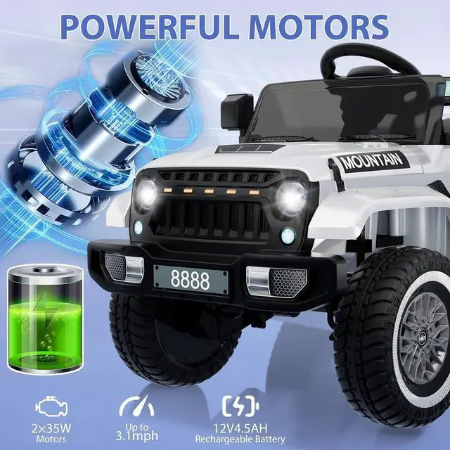 Alt view image 3 of 7 - 12V Kids Ride-on Truck with Remote Control All-Terrain Electric Vehicle with Spring Suspension, LED Lights, Music Player & Dump Bed, Safe 2-in-1 Driving Mode for Boys Girls, White