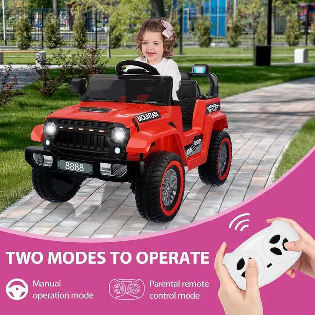 Alt view image 2 of 7 - 12V Kids Ride-on Truck with Remote Control All-Terrain Electric Vehicle with Spring Suspension, LED Lights, Music Player & Dump Bed, Safe 2-in-1 Driving Mode for Boys Girls, Red