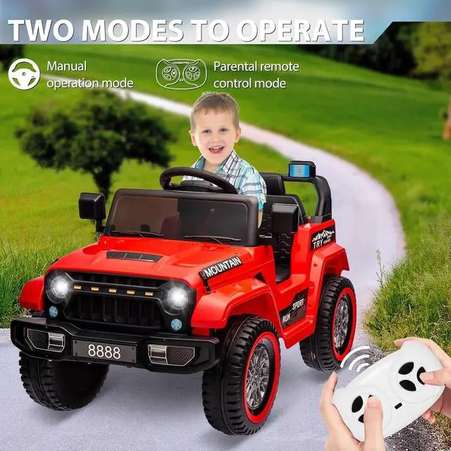 Alt view image 3 of 7 - 12V Kids Ride-on Truck with Remote Control All-Terrain Electric Vehicle with Spring Suspension, LED Lights, Music Player & Dump Bed, Safe 2-in-1 Driving Mode for Boys Girls, Red