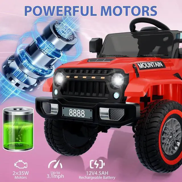 Alt view image 4 of 7 - 12V Kids Ride-on Truck with Remote Control All-Terrain Electric Vehicle with Spring Suspension, LED Lights, Music Player & Dump Bed, Safe 2-in-1 Driving Mode for Boys Girls, Red