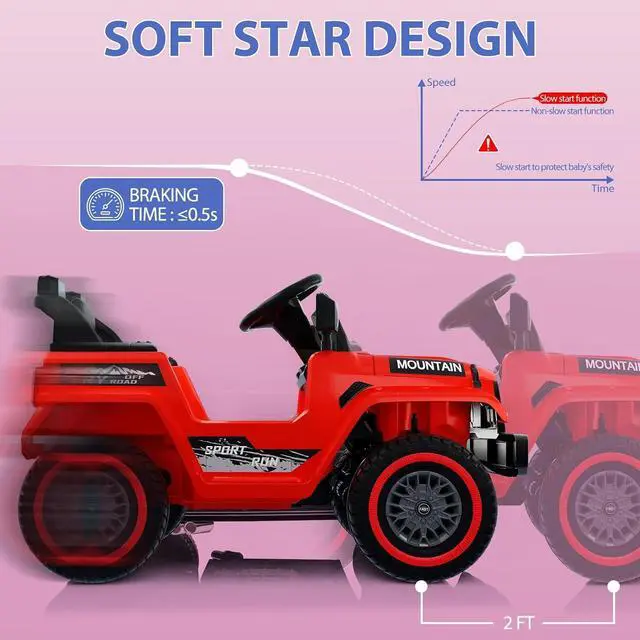 Alt view image 6 of 7 - 12V Kids Ride-on Truck with Remote Control All-Terrain Electric Vehicle with Spring Suspension, LED Lights, Music Player & Dump Bed, Safe 2-in-1 Driving Mode for Boys Girls, Red