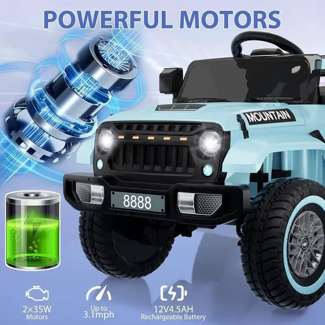 Alt view image 3 of 7 - 12V Kids Ride-on Truck with Remote Control All-Terrain Electric Vehicle with Spring Suspension, LED Lights, Music Player & Dump Bed, Safe 2-in-1 Driving Mode for Boys Girls, Blue