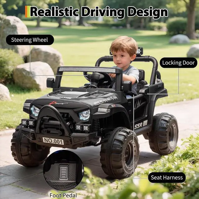 Alt view image 4 of 7 - 12V Kids Electric Vehicle Ride on Car with 2.4G Parent Remote, Safety Locking Doors, 3-Point Harness, LED Lights, Bluetooth & Spring Suspension-Electric Toy Car for Toddlers 3-5 Years, Black
