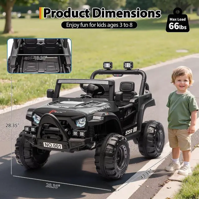 Alt view image 3 of 7 - 12V Kids Electric Vehicle Ride on Car with 2.4G Parent Remote, Safety Locking Doors, 3-Point Harness, LED Lights, Bluetooth & Spring Suspension-Electric Toy Car for Toddlers 3-5 Years, Black