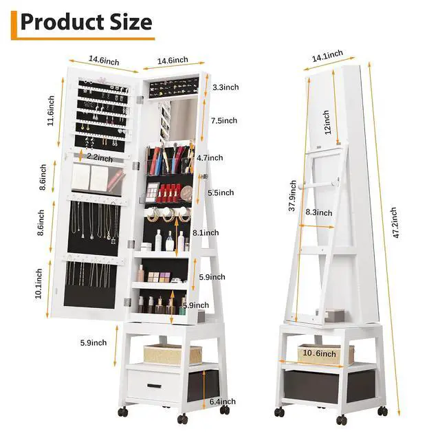 Alt view image 2 of 7 - Patikuin Lockable Jewelry Cabinet with Full-Length & Vanity Mirror, 360° Swivel Standing Jewelry Armoire with LED Lights, Storage Drawers and 360° Lockable Wheels