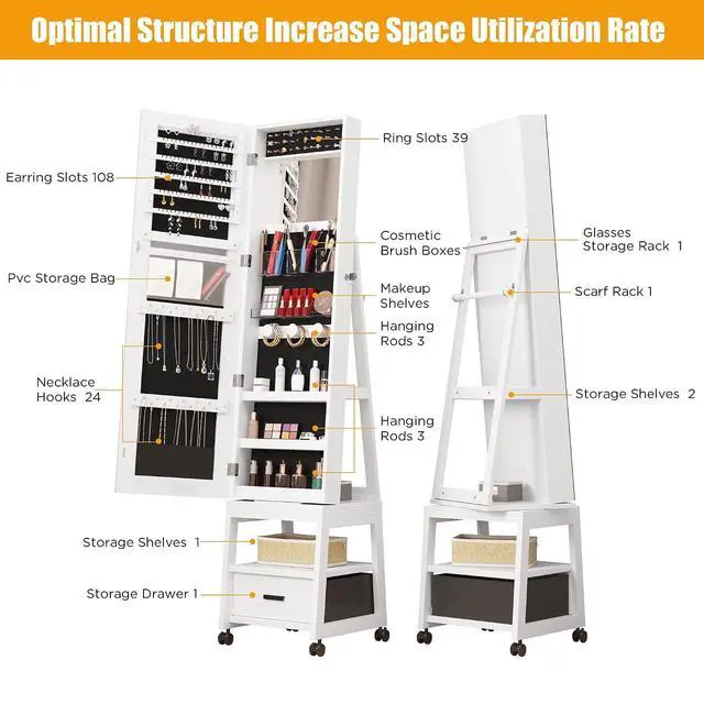 Alt view image 3 of 7 - Patikuin Lockable Jewelry Cabinet with Full-Length & Vanity Mirror, 360° Swivel Standing Jewelry Armoire with LED Lights, Storage Drawers and 360° Lockable Wheels