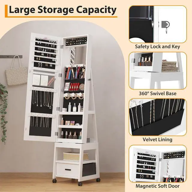 Alt view image 4 of 7 - Patikuin Lockable Jewelry Cabinet with Full-Length & Vanity Mirror, 360° Swivel Standing Jewelry Armoire with LED Lights, Storage Drawers and 360° Lockable Wheels