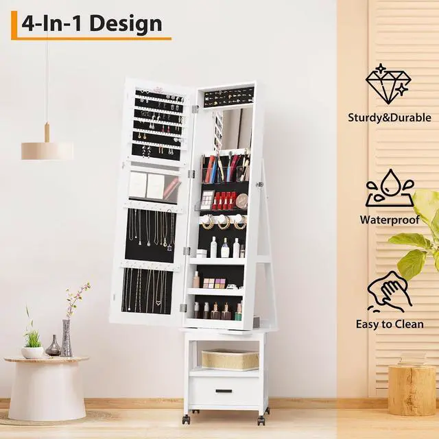 Alt view image 6 of 7 - Patikuin Lockable Jewelry Cabinet with Full-Length & Vanity Mirror, 360° Swivel Standing Jewelry Armoire with LED Lights, Storage Drawers and 360° Lockable Wheels