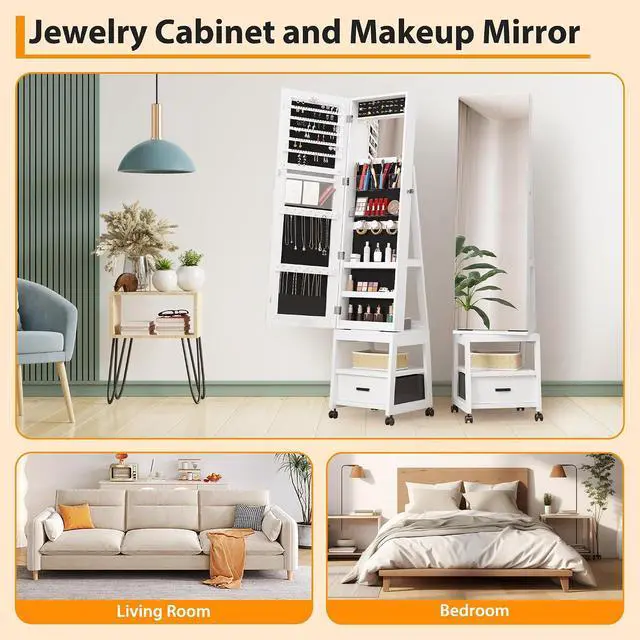 Alt view image 7 of 7 - Patikuin Lockable Jewelry Cabinet with Full-Length & Vanity Mirror, 360° Swivel Standing Jewelry Armoire with LED Lights, Storage Drawers and 360° Lockable Wheels