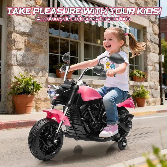 Alt view image 2 of 7 - 12V Electric Motorcycle for Kids, 3-Wheel Ride On Toy w/Detachable Training Wheels, Soft Start, Reverse, Headlight, Horn & Music, Battery Powered Kids Motorcycle for Toddler Boy Girl Ages 3-5, Pink
