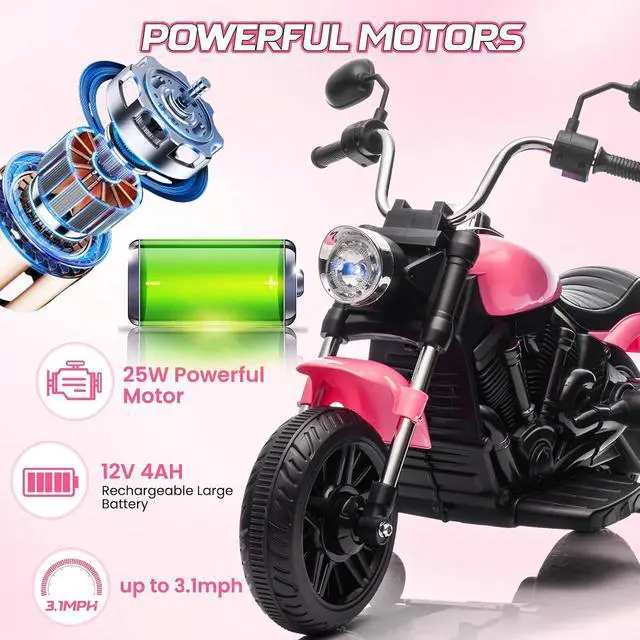 Alt view image 3 of 7 - 12V Electric Motorcycle for Kids, 3-Wheel Ride On Toy w/Detachable Training Wheels, Soft Start, Reverse, Headlight, Horn & Music, Battery Powered Kids Motorcycle for Toddler Boy Girl Ages 3-5, Pink