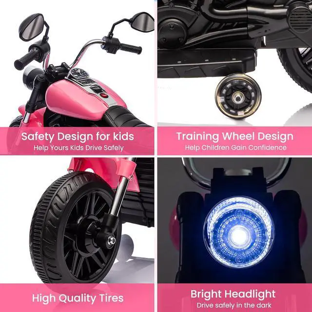 Alt view image 5 of 7 - 12V Electric Motorcycle for Kids, 3-Wheel Ride On Toy w/Detachable Training Wheels, Soft Start, Reverse, Headlight, Horn & Music, Battery Powered Kids Motorcycle for Toddler Boy Girl Ages 3-5, Pink