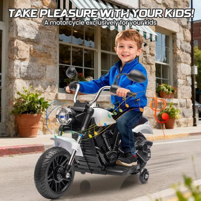 Alt view image 2 of 7 - 12V Electric Motorcycle for Kids, 3-Wheel Ride On Toy w/Detachable Training Wheels, Soft Start, Reverse, Headlight, Horn & Music, Battery Powered Kids Motorcycle for Toddler Boy Girl Ages 3-5, White