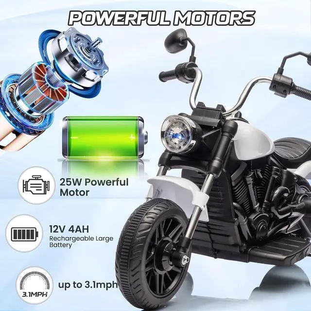 Alt view image 3 of 7 - 12V Electric Motorcycle for Kids, 3-Wheel Ride On Toy w/Detachable Training Wheels, Soft Start, Reverse, Headlight, Horn & Music, Battery Powered Kids Motorcycle for Toddler Boy Girl Ages 3-5, White