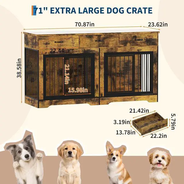 Alt view image 2 of 7 - Extra Large Double Dog Crate Furniture 70.9" Heavy Duty Wooden Kennel for 2 Medium or Large Dogs, Decorative End Table with 3 Drawers, TV Stand, Indoor Dog Cage with Double Doors