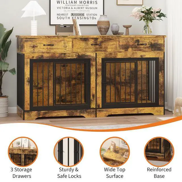 Alt view image 3 of 7 - Extra Large Double Dog Crate Furniture 70.9" Heavy Duty Wooden Kennel for 2 Medium or Large Dogs, Decorative End Table with 3 Drawers, TV Stand, Indoor Dog Cage with Double Doors