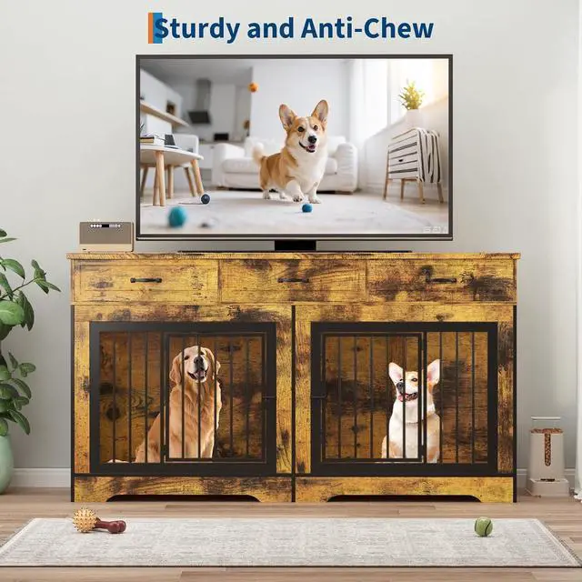 Alt view image 5 of 7 - Extra Large Double Dog Crate Furniture 70.9" Heavy Duty Wooden Kennel for 2 Medium or Large Dogs, Decorative End Table with 3 Drawers, TV Stand, Indoor Dog Cage with Double Doors