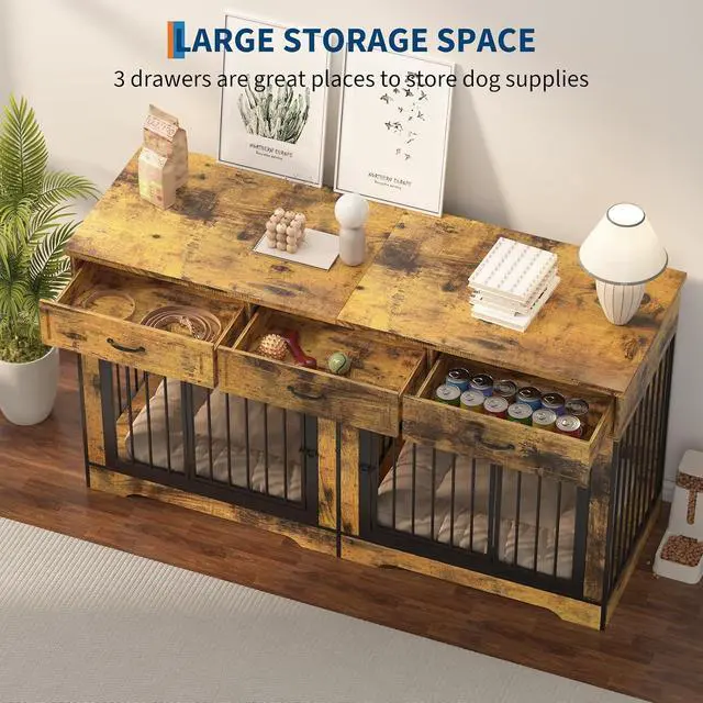 Alt view image 4 of 7 - Extra Large Double Dog Crate Furniture 70.9" Heavy Duty Wooden Kennel for 2 Medium or Large Dogs, Decorative End Table with 3 Drawers, TV Stand, Indoor Dog Cage with Double Doors
