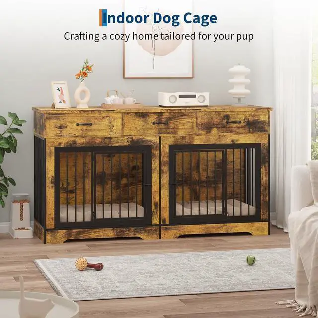 Alt view image 7 of 7 - Extra Large Double Dog Crate Furniture 70.9" Heavy Duty Wooden Kennel for 2 Medium or Large Dogs, Decorative End Table with 3 Drawers, TV Stand, Indoor Dog Cage with Double Doors