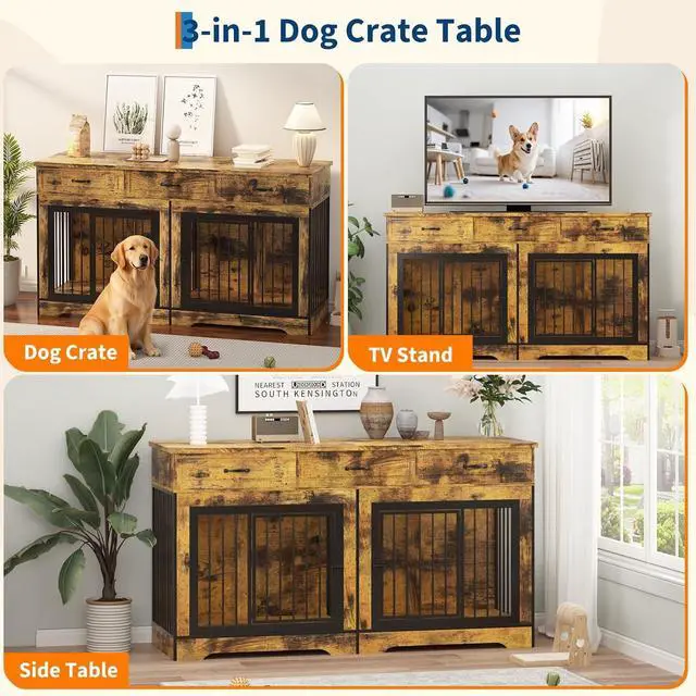 Alt view image 6 of 7 - Extra Large Double Dog Crate Furniture 70.9" Heavy Duty Wooden Kennel for 2 Medium or Large Dogs, Decorative End Table with 3 Drawers, TV Stand, Indoor Dog Cage with Double Doors
