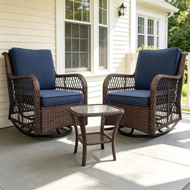 Main image of Patikuin 3-Piece Outdoor Wicker Glider Chair Set, 360° Swivel Rocking Patio Chairs with 4" Thick Cushions & Tempered Glass Coffee Table, Bistro Furniture for Porch, Deck, Balcony