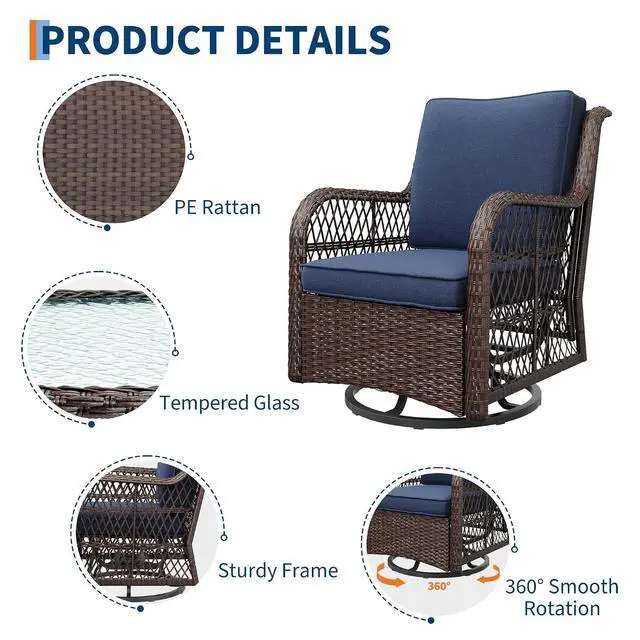 Alt view image 2 of 7 - Patikuin 3-Piece Outdoor Wicker Glider Chair Set, 360° Swivel Rocking Patio Chairs with 4" Thick Cushions & Tempered Glass Coffee Table, Bistro Furniture for Porch, Deck, Balcony