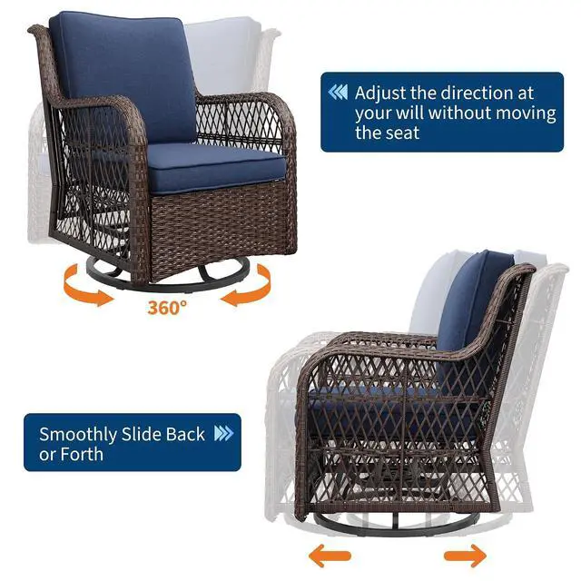 Alt view image 3 of 7 - Patikuin 3-Piece Outdoor Wicker Glider Chair Set, 360° Swivel Rocking Patio Chairs with 4" Thick Cushions & Tempered Glass Coffee Table, Bistro Furniture for Porch, Deck, Balcony