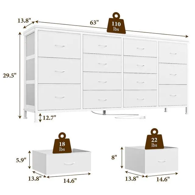 Alt view image 2 of 7 - Patikuin 63" W White Dresser TV Stand for 65 70 75 Inch TV, 14 Drawer for Bedroom with Power Outlets, Large Long Fabric Dresser Entertainment Center