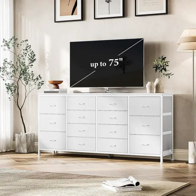 Alt view image 3 of 7 - Patikuin 63" W White Dresser TV Stand for 65 70 75 Inch TV, 14 Drawer for Bedroom with Power Outlets, Large Long Fabric Dresser Entertainment Center
